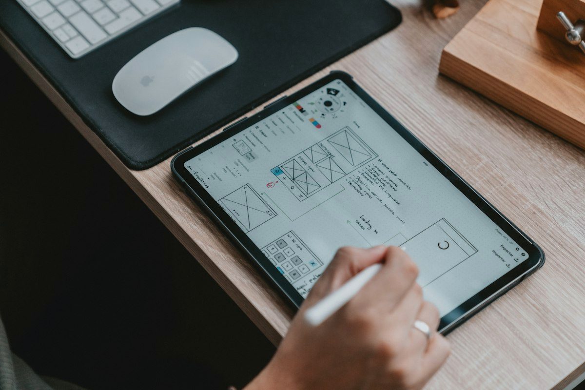 Designer sketching slide layouts on a tablet